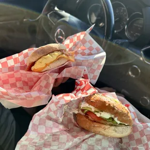 bacon egg cheese sandwich, veggie bagel