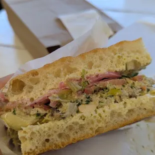 Albacore tuna sandwich on foccacia