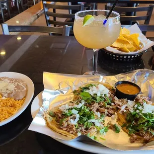 Tacos with side of rice and beans