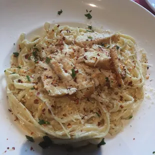 Fettuccine Alfredo with chicken, needed to add salt lacked a little bit of flavor. But delicious after adding seasonings/herbs.