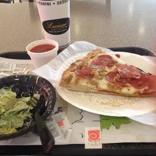 Stuffed meats pizza and a Caesar salad with a drink $8.99