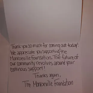 Thank you letter from the Monroeville Foundation for Community Day.