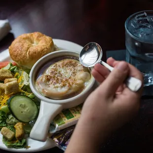 We make our chicken salad (for our sandwiches) and French onion soup fresh every day in our kitchen.