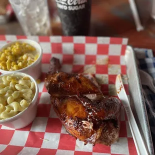 Half BBQ chicken with mac &amp; cheese and white cheese corn