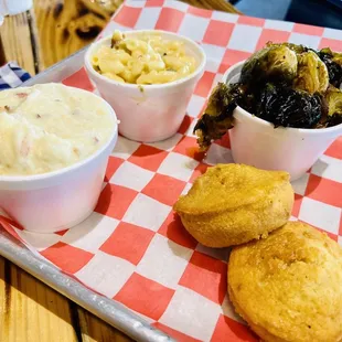 Sides - mashed potatoes, Mac and cheese, Brussels sprouts, corn bread