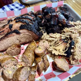 Combo of 4 meats - sausage, brisket, burnt ends, pulled pork