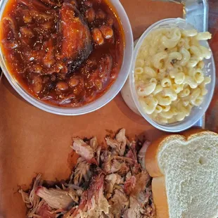 Pulled pork plate with mac and cheese and beans