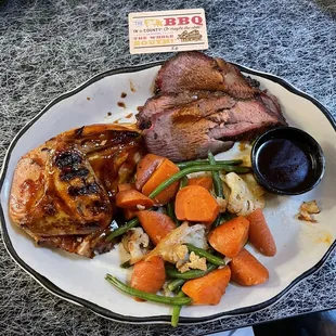 Chicken, tri tip, vegetables