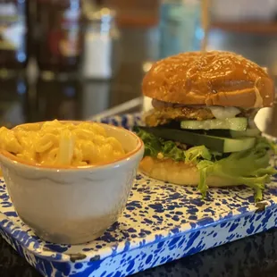 Macaroni and Cheese and veggie burger