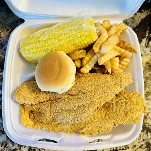 2 piece fish dinner with two sides, and a roll.