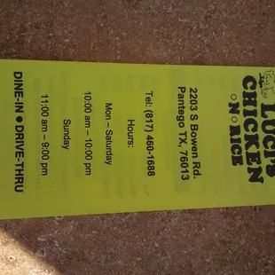 Front of menu. Hours, etc