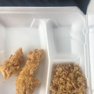 2 cold tenders and a little scoop of warm dry rice for $3.47. awful!