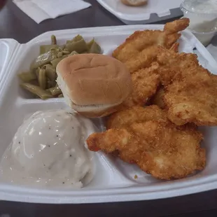 Shrimp meal for lunch with 2 sides. Potatoes are not very good .  Green Beans are good.