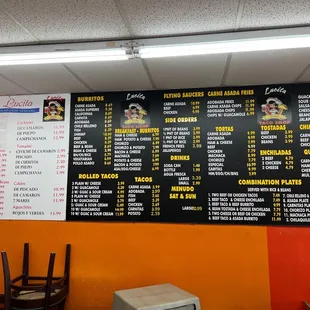 a menu on the wall