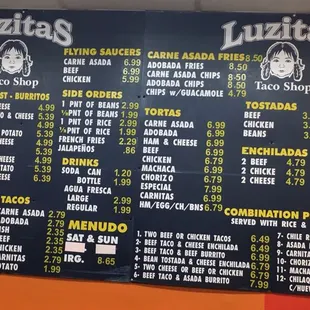 the menu of the restaurant