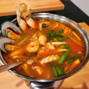 &quot;Seafood Tom Yum&quot; is here. Find Dungeness Crab, Calamari, Mussles, Fish, and Shrimps in this Tom Yum Sea. &quot;Seafood Tom Kha&quot; also available.
