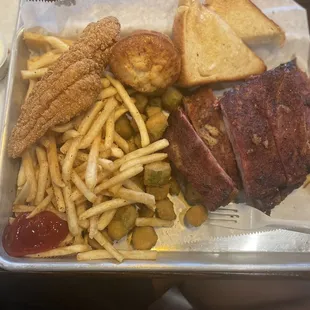 Rib platter with add on catfish. Delicious!!!!