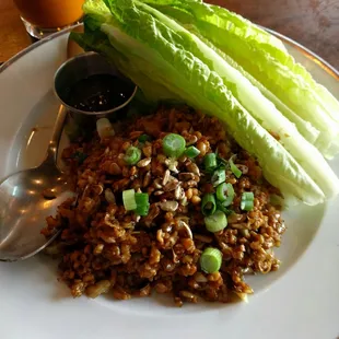 Chicken lettuce wraps....(3.5/5) a little too salty for me but i like the romaine vs the normal iceberg lettuce. :)