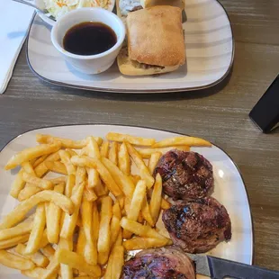 bacon wrapped filet with fries and French Dip with coleslaw.
