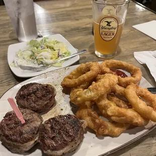 Bacon wrapped filets snd onion rings!