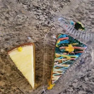 The superman slice is way bigger than the lemon cake cheesecake