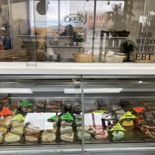 a display of cheesecakes