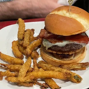 Bison burger with fried pickles