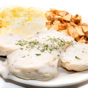 Biscuits and Gravy, eggs and baby reds.