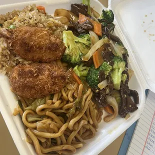 Combo plate Beef with Broccoli, fried rice, chow mein, and Deep Fried Prawns