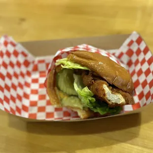 a sandwich in a basket on a table
