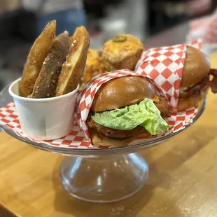 a plate of burgers and french fries