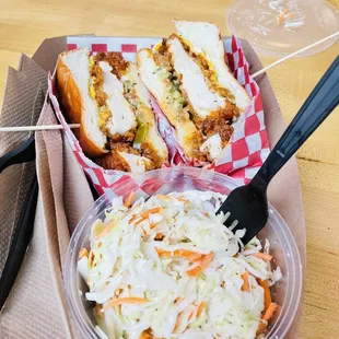 Spicy chicken sammie and Cole slaw