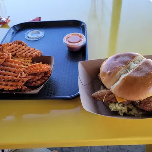 Chicken sandwich and sweet potato waffle fries