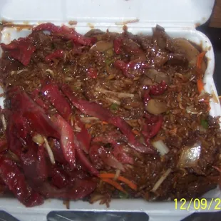 Beef with Mushrooms, Boneless Pork Strips, Subgum Beef Rice, Chicken Wings Lunch Plate. HUGE. 2 days 2 eat this!