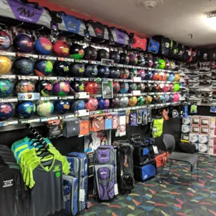 Wide selection of bowling balls, bags, shoes, and even apparel