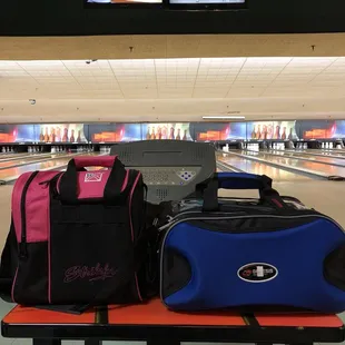 The bags we bought. Pink one has enough room to hold my ball &amp; my shoes, blue one holds 2 balls &amp; shoes! Both very roomy.
