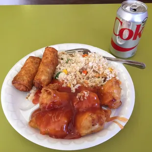 Sweet &amp; sour chicken w/ extra egg roll &amp; drink $6.10 (best of all, there's no mystery meat-- it's always white chicken breast!)
