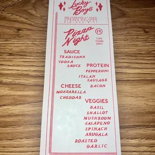 a menu for a pizza night