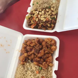 General Tso's and Kung Pow chicken both with fried rice. More breading than meat but the flavors were good
