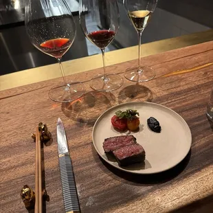 A5 wagyu with wine pairing. Chefs table