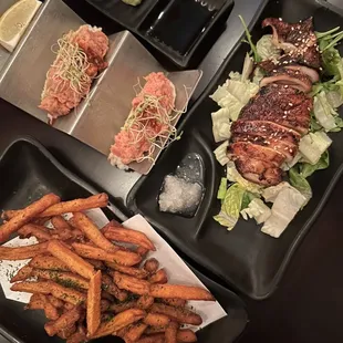 Sweet potato fries, grilled squid and spicy tuna tacos