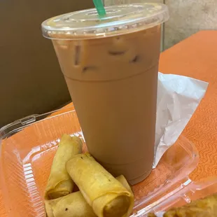 3 pc egg rolls and Large Milk Tea.