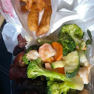 4 items...bbq pork, fish fillet, Shrimp Vegetable Deluxe and the white rice.