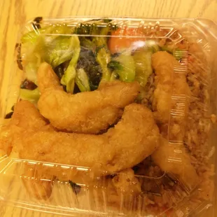 $5.99 TOO GOOD TO GO--end of day leftover.  Fried fish strips, mixed veggies & fried rice.  A little salty but YUM!