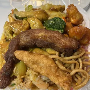 Fried rice, chow mein, curry chicken, piece of fried fish, kung pao chicken, sweet chicken (orange?), shrimp w/mixed veggies