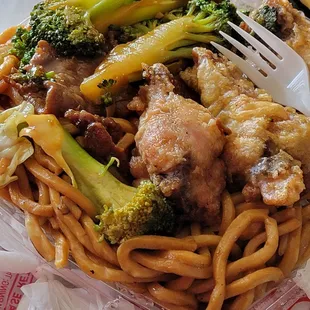 Fried Chicken, Broccoli Beef, on Chow Mein
