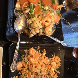 Pan fried noodles with shrimp and shrimp fried rice