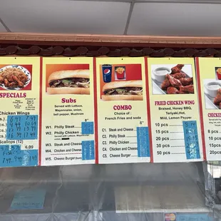 Menu subs wings