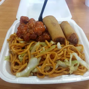  takeout container with noodles and meat