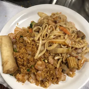 Shrimp Lo Mein with shrimp fried rice both of them spicy on the lunch special for $9.30.